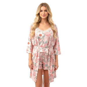 Flora Floral 3-Piece Sleepwear Set Robe Cami Shorts Pink Green L